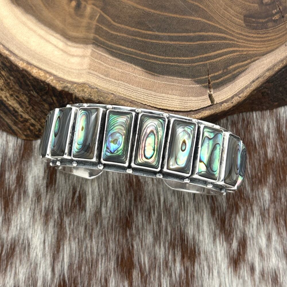 FEDERICO JIMENEZ Sterling Silver Abalone 15-Stone Cuff Bracelet Stamp 0.75" Wide